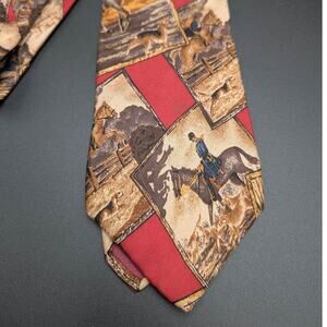Vintage Silk Neck Tie Mens Brown Novelty Dog Horse Equestrian Hunting USA 57"